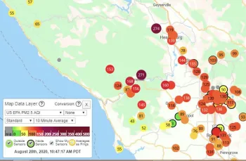 PurpleAir map example : red or darker = AQI of 150+
