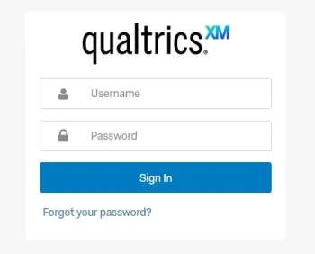 Qualtrics log in screen, displaying Qualtrics logo, username and password box.