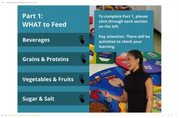 The online training teacher, Laura, points to a menu of topics included in the online training.