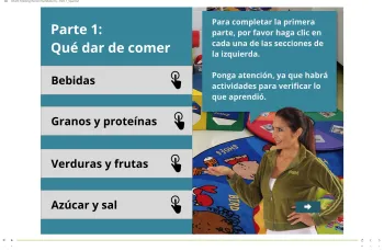 The online training teacher, Laura, points to a menu of topics included in the online training.