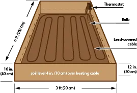 Diagram of an electric hotbed with the placement of the heating cable, thermostat, and heat-sensitive bulb, which is used to measure soil temperature.