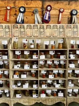 Small mason jars sitting on shelves. They are filled with different vegetables and fruits that have been canned to make jams, pickled vegetables, fruit spread, and more.