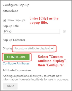 Change the pop-up title to the name of the city, and select 'Custom attribute display'