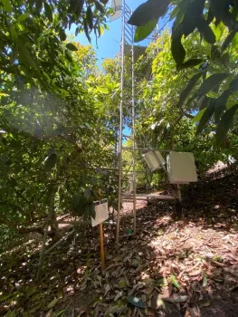 Ground view of surface renewal and eddy covariance evapotranspiration station at an experimental avocado orchard in Escondido.