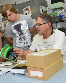 Dragonfly expert Rosser Garrison (right) talks dragonflies with Ziad Khouri, then a doctoral student at UC Davis. The occasion: a 2015 Bohart Museum of Entomology open house on dragonflies. (Photo by Kathy Keatley Garvey)