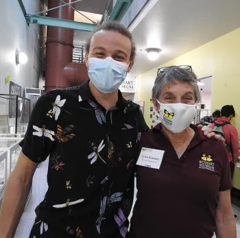 Lynn Kimsey, director of the Bohart Museum of Entomology, poses with UC Davis graduate student Christofer Brothers at the UC Davis Picnic Day open house at the Bohart Museum. (Photo by Kathy Keatley Garvey)
