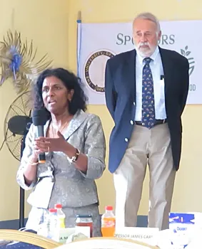 A4A founder Vijitha Mahadevan Eyango and UC Davis distinguished professor James R. Carey at the awards presentation. They co-designed AgriStars.