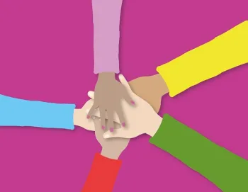 Hand on top of hands - together.