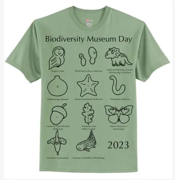 The 11 museums and collections participating in the 12th annual UC Davis Biodiversity Museum Day are depicted in logos on the volunteer t-shirt.