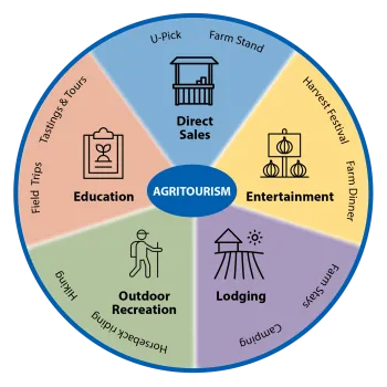 A circular graphic defining agritourism by agritourism activities: direct sales, entertainment, lodging, outdoor recreation, and education.