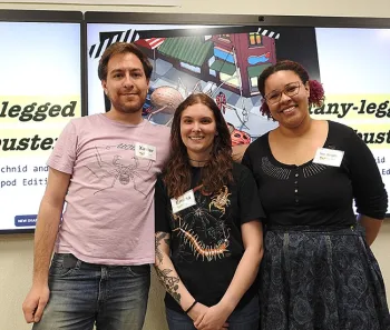 UC Davis doctoral candidates Xavier Zahnle and Emma Jochim and doctoral student Iris Quayle of the Jason Bond lab. (Photo by Kathy Keatley Garvey)