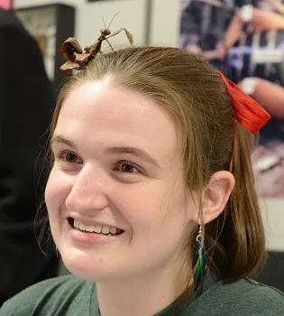 This image of Charlotte Herbert Alberts, then a UC Davis doctoral student, shows her love of insects from the Bohart Museum of Entomology live petting zoo. (Photo by Kathy Keatley Garvey)