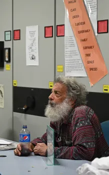 UC Davis distinguished professor emeritus Art Shapiro answers a question about monarchs at the Bohart Museum of Entomology open house. (Photo by Kathy Keatley Garvey)