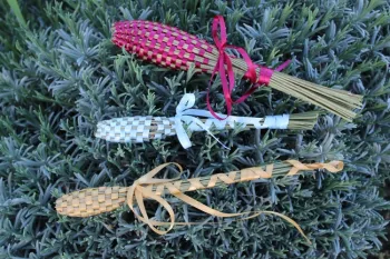Three lavender wands resting on a lavender plant.