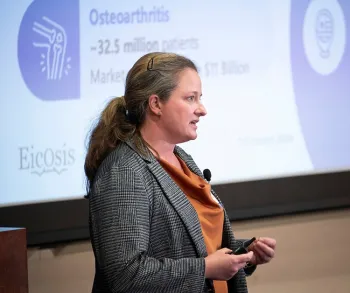 Cindy McReynolds, CEO of EicOsis, giving a presentation at the awards ceremony at which EicOsis was named one of the 18 recipients from a competitive pool of more than 2000 U.S. startups.