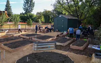 A neighborhood planting event at the newly-installed raised beds at Chapman Garden. Photo courtesy of CARD