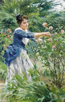 Image of a painting of a woman pruning roses