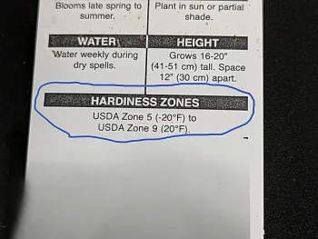The back of a plant label with the plant hardiness information highlighted