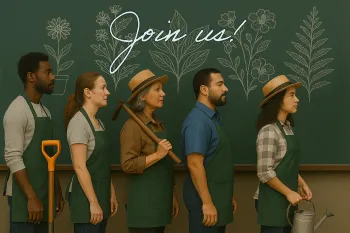 gardeners in front of a chalkboard and the words "Join Us"