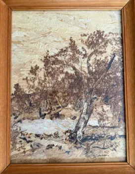 Photo of a "painting" of a tree made with Eucalyptus bark.