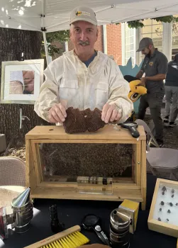 CAMBP member Rick Moehrke, a retired Vacaville teacher and beekeeper, awaiting questions. (Photo by Kathy Keatley Garvey)