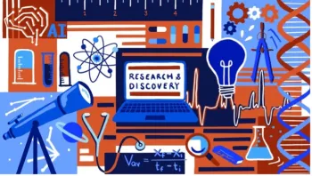 a variety of scientific instruments surround the words "research and discovery"