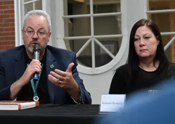Chris Donhost, coroner and funeral services liaison at Sierra Donor Services; Amanda Kostenko, service manager at the Neptune Society of Northern California. Photo by Kathy Keatley Garvey)