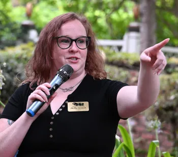 Vacaville Museum curator and panel moderator calls on an audience member. (Photo by Kathy Keatley Garvey)