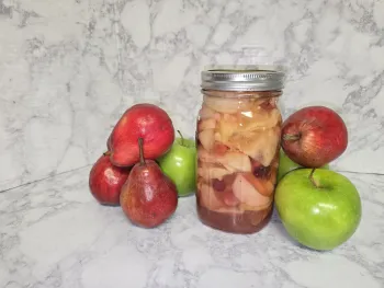 Finished product of spiced apple, pear, and cranberry filling. 