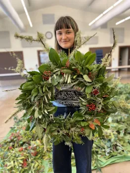 A beautiful seasonal wreath made at the UC Hopland REC Wreath Workshop