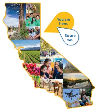 Outline of the state of California with text stating you are here, so are we.