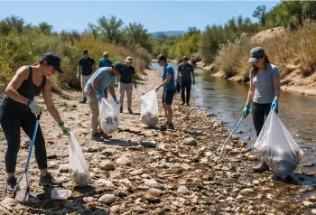 Volunteers participating in a river or beach cleanup, collecting trash to protect local waterways and improve water quality.