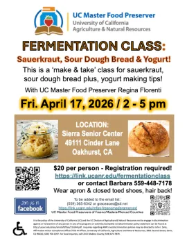 2026 Fermentation Class Flyer with images of sourdough baked bread and dough starter. with qr code to register for event and $20 fee