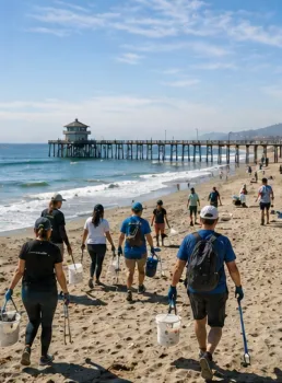 Volunteers participating in a river or beach cleanup, collecting trash to protect local waterways and improve water quality.