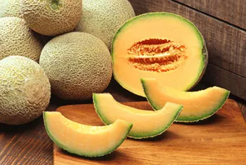 Whole and cut open cantaloupes