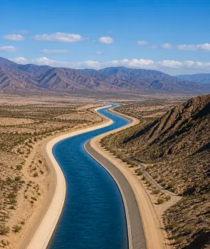 An aerial view of a large water canal running through a dry desert landscape with mountains in the distance, illustrating long-distance water conveyance infrastructure.