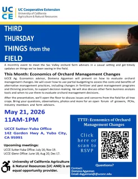 Flyer for the Third Thursday Things from the Field (TTTF) meeting on May 21, 2026, from 11 AM–1 PM at the UCCE Sutter-Yuba Office in Yuba City. The featured topic is “Economics of Orchard Management Changes,” presented by UCCE Ag Economics Advisor Domena Agyeman. The presentation will cover partial budgeting, evaluating fertilizer, pest management, and thinning practice changes, and other farm business analysis tools for orchard management decisions. Includes an RSVP QR code.