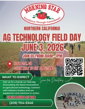 The Northern California Ag Technology Field Day will take place on June 3, 2026, from 10:00 a.m. to 1:00 p.m. in Yuba City, California. The event will provide attendees with hands-on opportunities to explore the latest innovations in agricultural technology, connect with industry leaders, and see equipment and solutions in action. Lunch will be provided at noon. The field day is designed to showcase new ideas and advancements that support the future of agriculture.