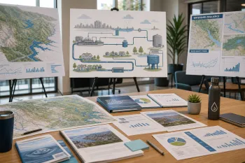 A modern meeting and planning space with a large table covered in printed maps, charts, and water system reports. In the background, presentation boards display watershed maps, infrastructure diagrams, and data visualizations. The room is well-lit with natural light, and no people are present, emphasizing collaboration through data, planning materials, and shared information rather than individuals.