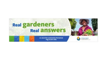 A UC Master Gardener Program horizontal banner reading "Real gardeners. Real answers." with the UC Master Gardener logo and mg.ucanr.edu.