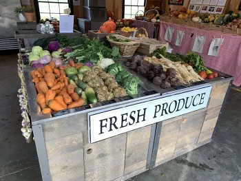sign for “fresh produce” on bins of vegetables