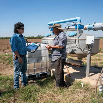 Two men stand talking adjacent to an agricultural field and well