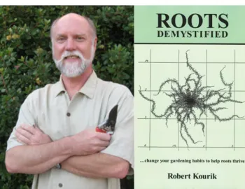 Two photos. Left is author Rober Kourik. Right is the cover of his book Roots Demystified