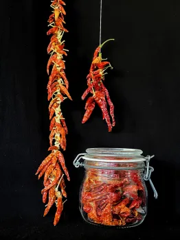 bunches of dried red chilis hang from two strings and occupy a jar