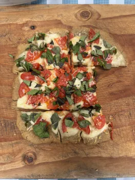 Rectangular slices of a margarita pizza