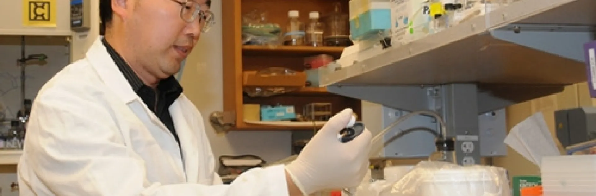 UC DAVIS bioanalytical chemist Jun-Yan Liu, the senior author of the paper, at work in the Hammock laboratory. (Photo by Kathy Keatley Garvey)