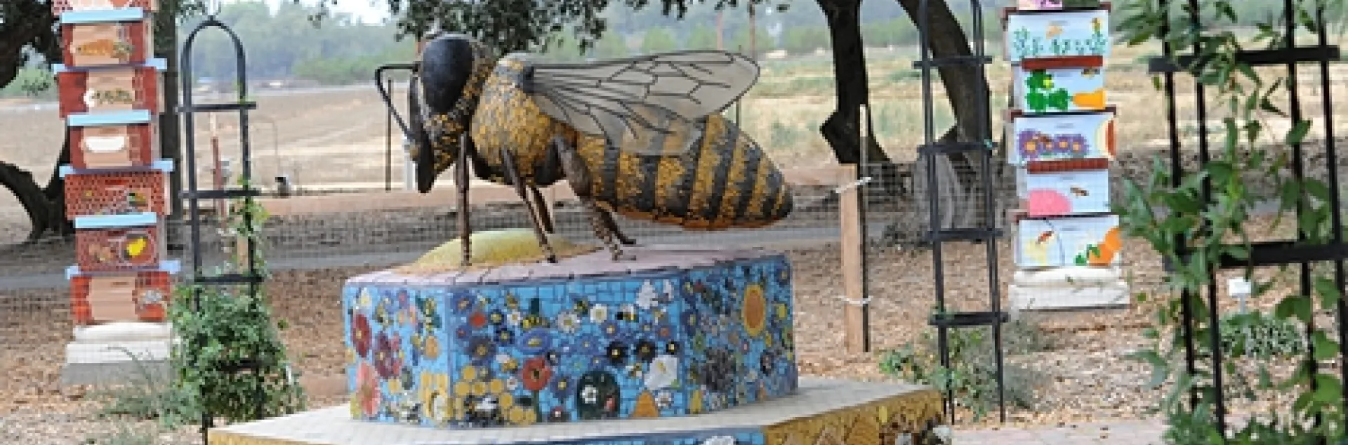 BEE SCULPTURE, titled "Miss Bee Haven," graces the Haagen-Dazs Honey Bee Haven at the Harry H. Laidlaw Jr. Honey Bee Research Facility, UC Davis. It is the work of noted artist Donna Billick. The ceramic tiles on the bench and the bee hive columns (back) are the work of the UC Davis Art/Science Fusion Program. (Photo by Kathy Keatley Garvey)