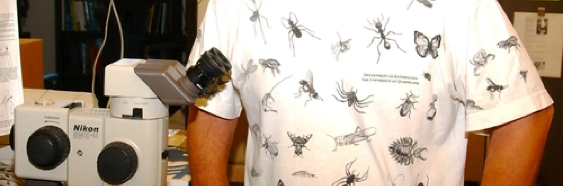 EMERITUS PROFESSOR Hugh Dingle, shown here wearing one of his favorite "bug" shirts, will discuss the rapidly evolving soapberry bug at a noon seminar on Wednesday, Nov. 10 in 122 Briggs Hall, UC Davis. (Photo by Kathy Keatley Garvey)