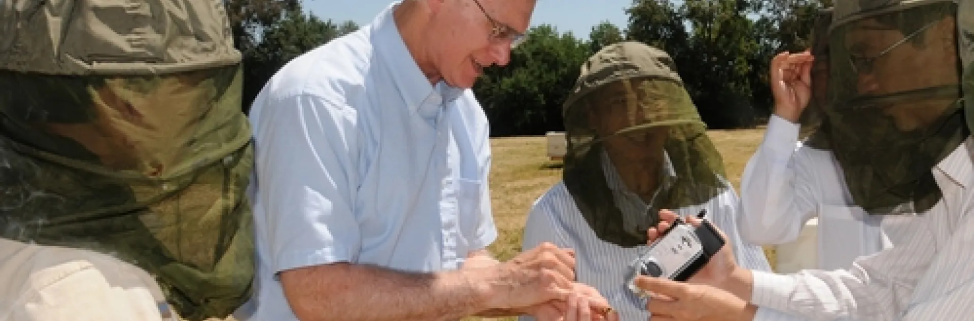 HONEY BEE EXPERT Eric Mussen shows bees to guests at the Harry H. Laidlaw Jr. Honey Bee Research Facility at the University of California, Davis. (Photo by Kathy Keatley Garvey)