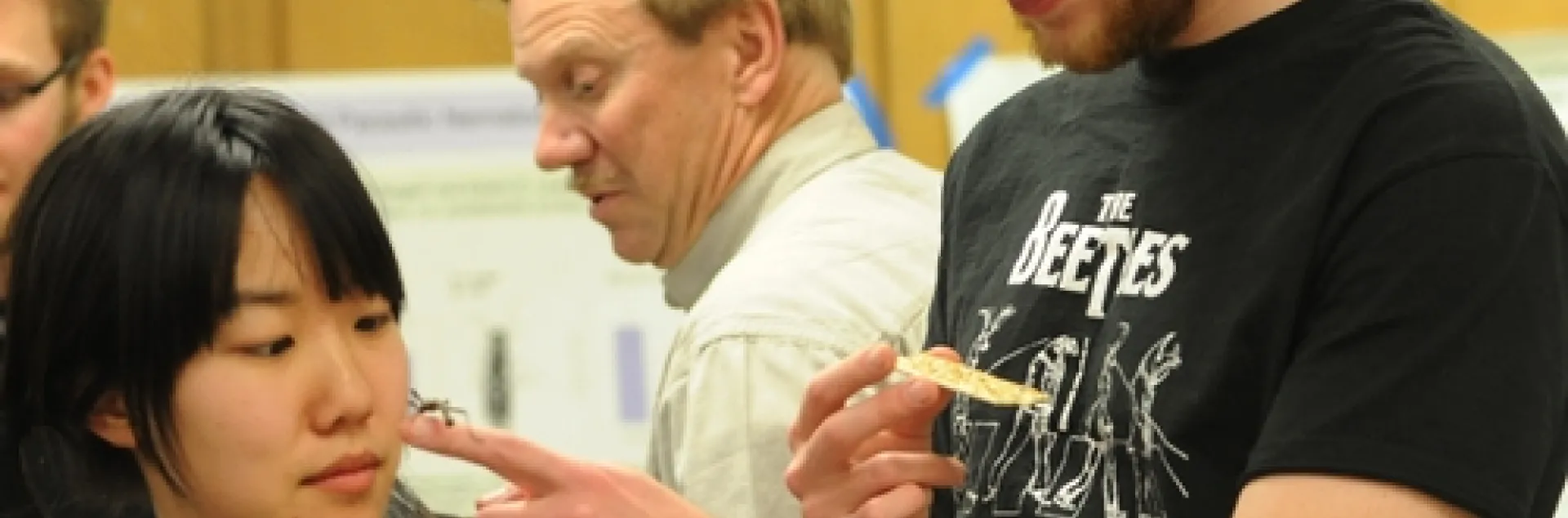 SARAH HAN, who works in the Greg Lanzaro lab at UC Davis and plans to enter entomology graduate school, meets a thorny walking stick from Borneo. With her is UC Davis entomology graduate student Matan Shelomi, who studies with major professor Lynn Kimsey, director of the Bohart Museum of Entomology. (Photo by Kathy Keatley Garvey)